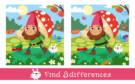 Find 8 differences. Game worksheet for children. Vector color illustration. Fairy tale cute dwarf. 