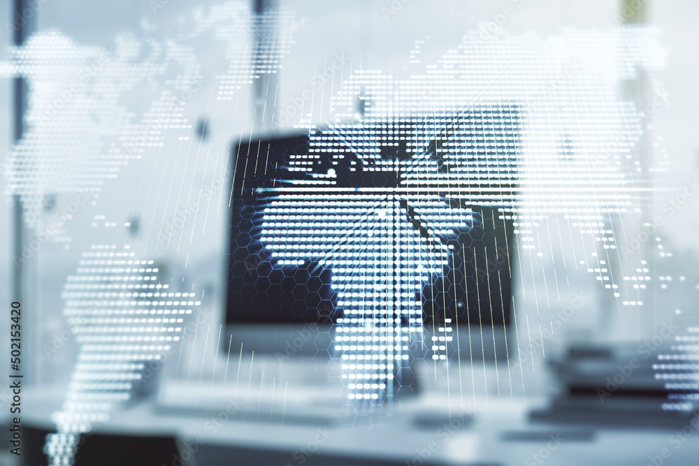 Leinwandbilder multi exposure of abstract graphic world map on computer background, connection and communication co