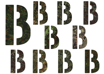 Leather military Latin alphabet. Khaki protective ABC on white background. Letter B