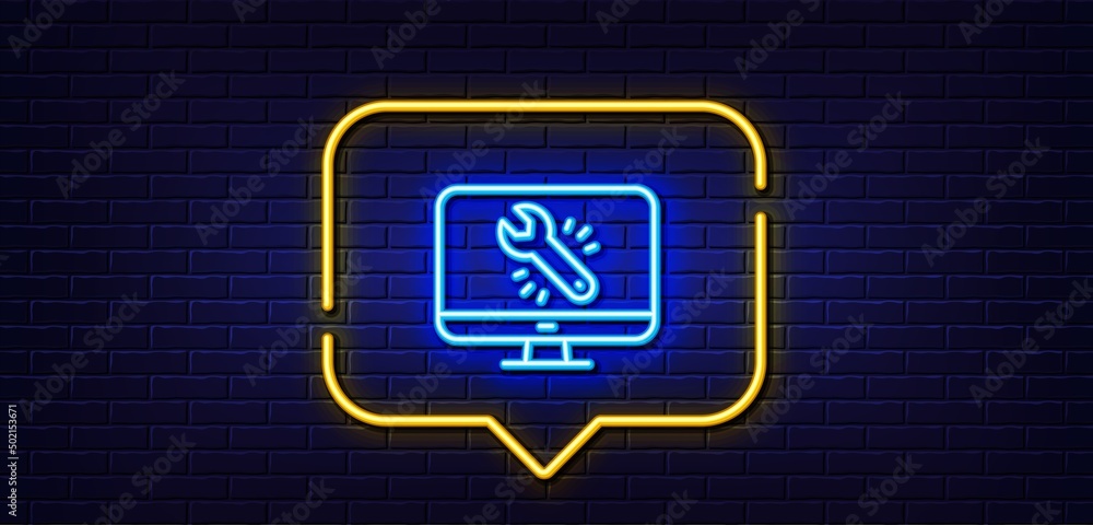 Poster neon light speech bubble. spanner tool line icon. monitor or computer repair service sign. fix instr