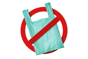 Plastic bag with prohibition sign on white background - Concept of ecology and stop plastic...