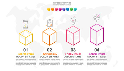 Vector isometric infographics with 4 line columns. Business concept graphic process template with four steps and icons. Graphic timeline for step by step for the app, website, interface, chart