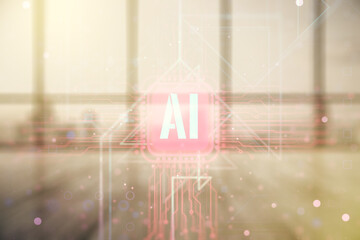 Creative artificial Intelligence symbol hologram on modern interior background. Double exposure