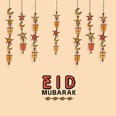 Fototapeta na wymiar Eid Mubarak Greeting Card Decorated With Gift Boxes, Stars, Crescent Moon Hang On Pastel Peach Background.