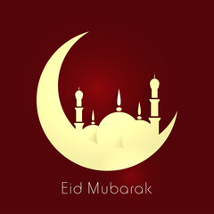 Eid Mubarak Greeting Card With Crescent Moon, Mosque On Red Background.