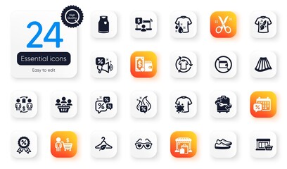 Set of Fashion flat icons. Wash t-shirt, T-shirt design and Marketplace elements for web application. Buying process, Scissors, Wallet icons. Buyer, Change clothes, Hot offer elements. Vector