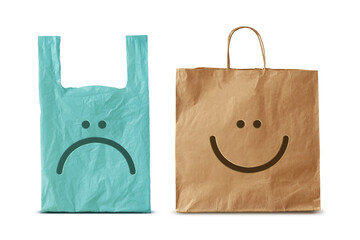 Plastc bag with sad expression and recycled paper bag with happy expression on white background - Concept of ecology and stop plastic pollution
