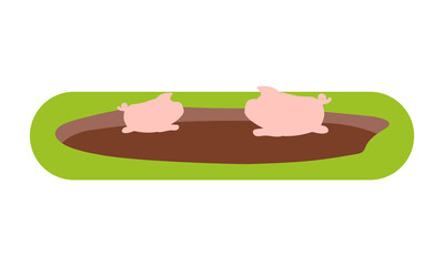 Messy place with happy pigs semi flat color vector object. Full sized item on white. Outdoor enclosure for livestock. Simple cartoon style illustration for web graphic design and animation
