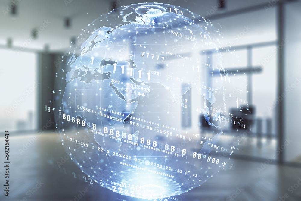 Poster multi exposure of abstract programming language hologram and world map on a modern furnished office 