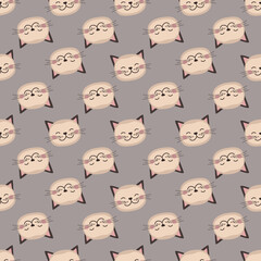 Fototapeta premium Seamless pattern with cute cat in childish style with smile muzzle and eyes. Funny print of pet with happy face. Vector flat illustration for holidays