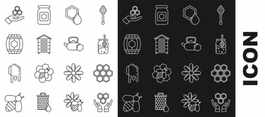 Set line Honeycomb and hands, Jar of honey honey dipper stick, Hive for bees, Wooden barrel with, and Tea kettle icon. Vector