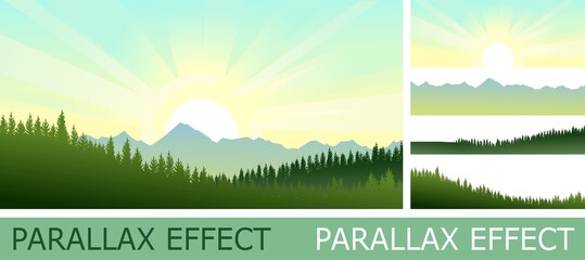 Pine forest. Silhouettes of coniferous trees with parallax effectwith parallax effect. Wild landscape horizontally. Mountains. Nice panoramic view. Beautifully illustration vector