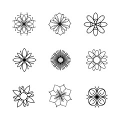 Cute set of isolated single flowers elements in doodle style for different types of decoration, postcards, stickers.