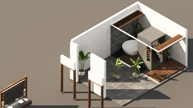 build up modern contemporary wood bathroom with parquet floor and white marble wall with built in mirror counter basin with toilet and outdoor rain shower with skylight. realistic isometric 3d render