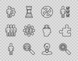 Set line User of man in business suit, Magnifying glass and gear, Piece puzzle, for search people, Human with inside, Gear dollar symbol, head lamp bulb and icon. Vector