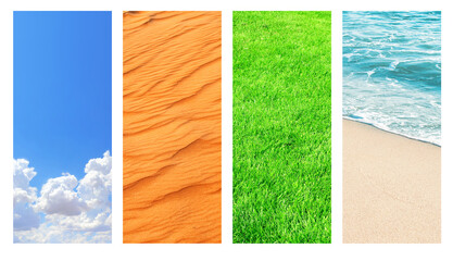 Collection of vertical banners with nature elements - water; ground and air. Set of backdrops with...