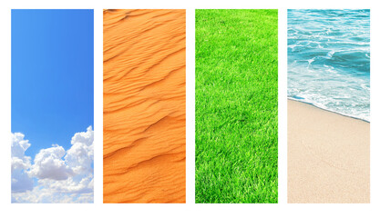 Collection of vertical banners with nature elements - water; ground and air. Set of backdrops with sky, sand, water, grass
