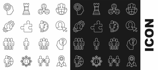 Set line Location job, Human head with question mark, User of in business suit, Project team base, Piece puzzle, gear inside, and Time Management icon. Vector
