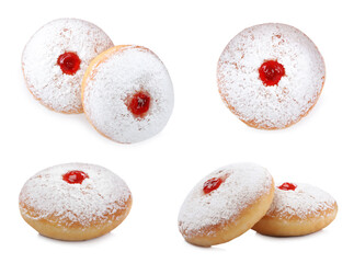 Delicious donuts with jelly and powdered sugar on white background, collage