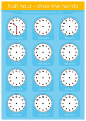 Vector telling time lesson - draw the missing hands on each clock. Blue background