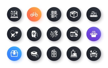 Minimal set of Cancel flight, Parcel and Parking place flat icons for web development. Passport, Airplane travel, Packing boxes icons. Baggage reclaim, Wholesale goods. Vector