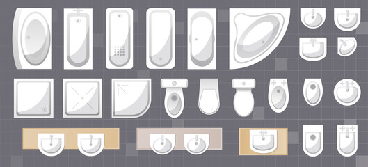 Toilet, bathroom furniture and equipment top view set for interior design of restroom. Architectural collection. Baths, shells, toilets, bidets, urinals, showers. View from above. Vector in flat style - obrazy, fototapety, plakaty