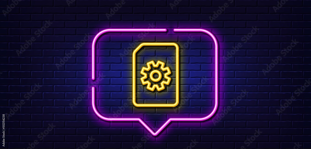 Poster neon light speech bubble. document management line icon. information file with cogwheel sign. paper 