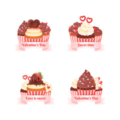 Set of Valentine's day badges with cupcakes. Cartoon illustration of sweet muffins decorated with cream, hearts and ribbons. Vector 10 EPS.