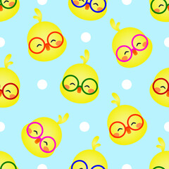 Vector seamless pattern with chicks in glasses in cartoon style in blue background