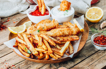 British Traditional Fish and chips with ketchup and tartar sauce