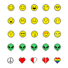 Emoji pixel art set illustration. Emoticon icon, alien, world, heart vector illustration.