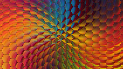 Rainbow Flower Hexagons. Fluid, flower, colored background with hexagon shapes.
