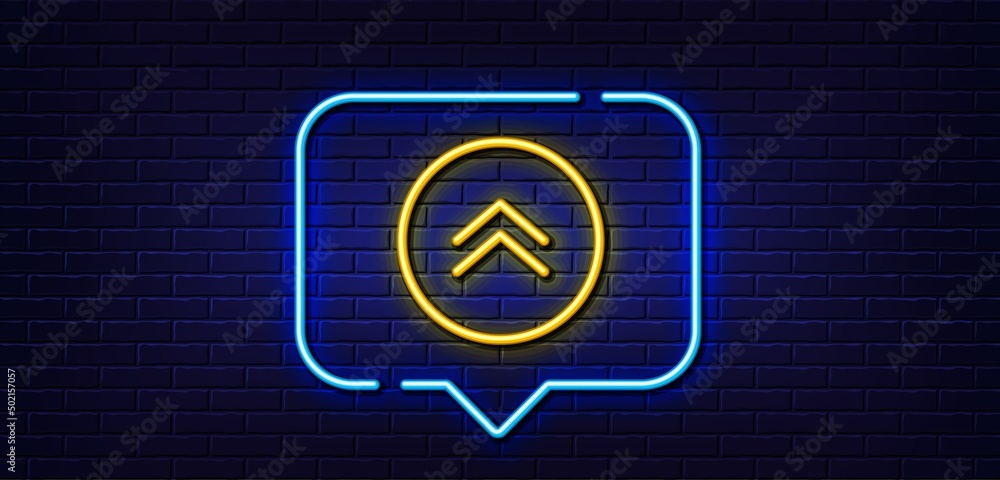 Poster neon light speech bubble. swipe up button line icon. scrolling arrow sign. landing page scroll symbo