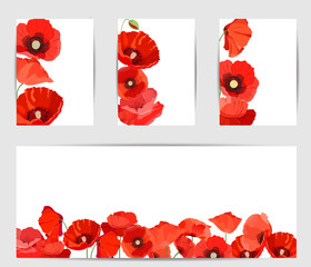 Set of banners with red poppies on  white background - obrazy, fototapety, plakaty
