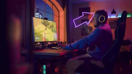 Successful Black Gamer Playing and Winning in PvP Shooter Video Game in Which Players Fight in a Battle Royale Tournament on Personal Computer. Stylish Man Celebrating Victory in Cozy Room at Home.