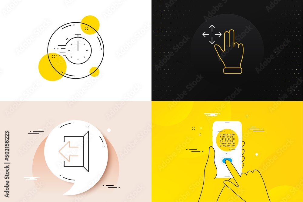Poster minimal set of move gesture, binary code and cooking timer line icons. phone screen, quote banners. 