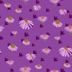 Echinacea flowers seamless vector pattern on purple