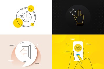 Minimal set of Move gesture, Binary code and Cooking timer line icons. Phone screen, Quote banners. Sign out icons. For web development. Swipe, Programming data, Stopwatch. Logout. Vector