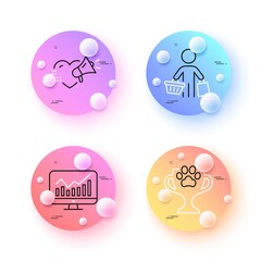 Winner cup, Buyer and Statistics minimal line icons. 3d spheres or balls buttons. Love message icons. For web, application, printing. Dog competition, Shopping customer, Financial report. Vector