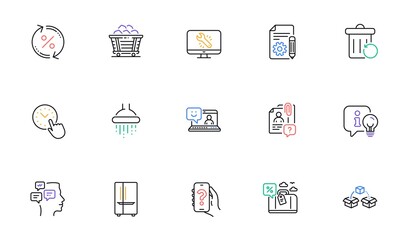 Help app, Parcel shipping and Time management line icons for website, printing. Collection of Loan percent, Lamp, Messages icons. Shower, Monitor repair, Recovery trash web elements. Vector