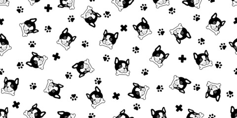 dog seamless pattern french bulldog cross bone food vector pet eating puppy breed character cartoon repeat wallpaper isolated tile background doodle illustration design clip art - obrazy, fototapety, plakaty