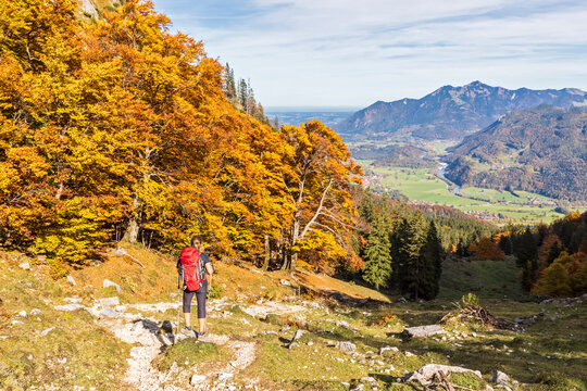 Germany, Bavaria, Female hiker admiring view on way to Geigelstein mountain