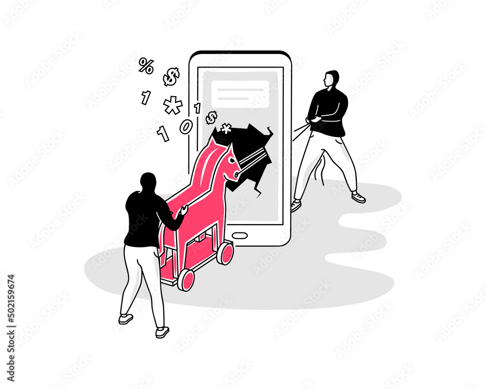 Poster illustration of trojan virus attack symbol with a smartphone and two hackers. easy to use for your w