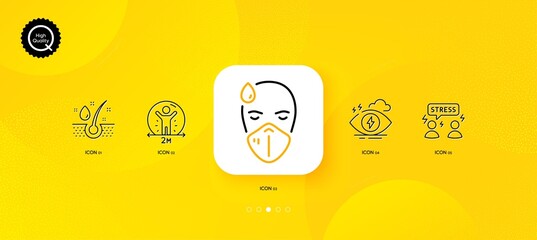 Fototapeta na wymiar Difficult stress, Serum oil and Sick man minimal line icons. Yellow abstract background. Social distance, Stress icons. For web, application, printing. Vector