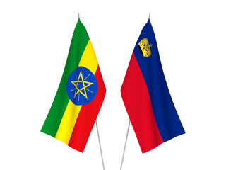 National fabric flags of Ethiopia and Liechtenstein isolated on white background. 3d rendering illustration.