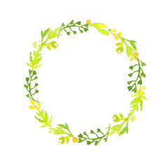 wreath of stylized watercolor wildflowers and herbs on a white background.