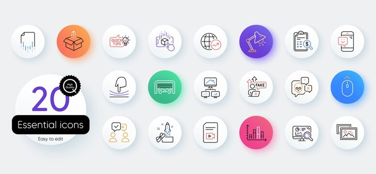 Simple set of Education idea, Parking garage and Send box line icons. Include Cyber attack, Accounting report, People voting icons. Elastic, Recovery file, Swipe up web elements. Vector