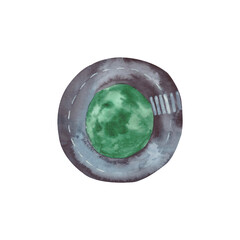 A round piece of road with a green lawn isolated on a white background. Watercolor drawing for decoration on the theme of traffic, the city and its infrastructure.