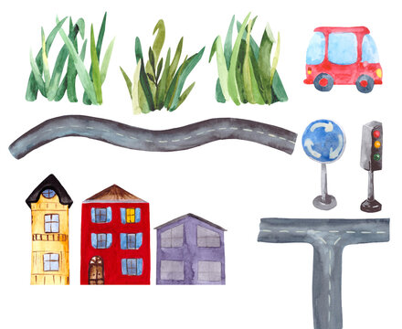 Road, houses, car, grass, traffic light and road sign. A collection of watercolor elements isolated on a white background, for creative illustrations and pictures about travel and cities.