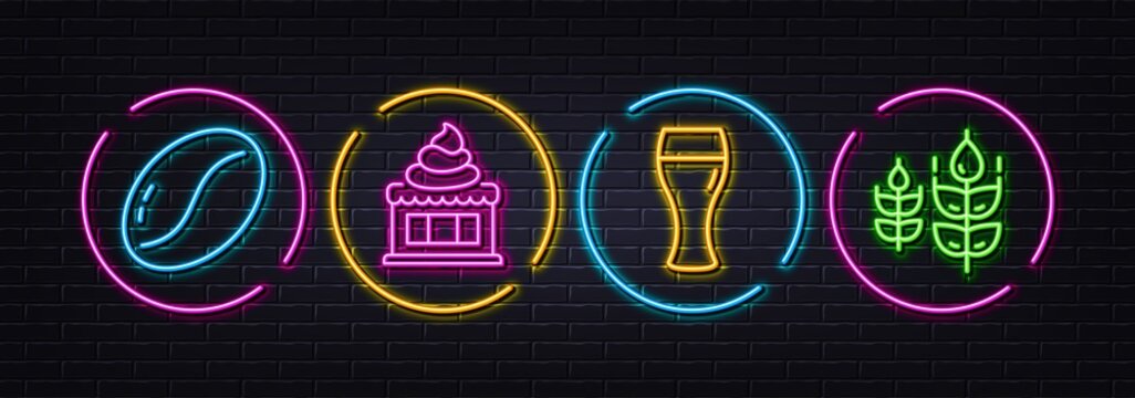 Ice cream, Beer glass and Coffee beans minimal line icons. Neon laser 3d lights. Gluten free icons. For web, application, printing. Sundae, Brewery beverage, Vegetarian seed. Bio ingredients. Vector
